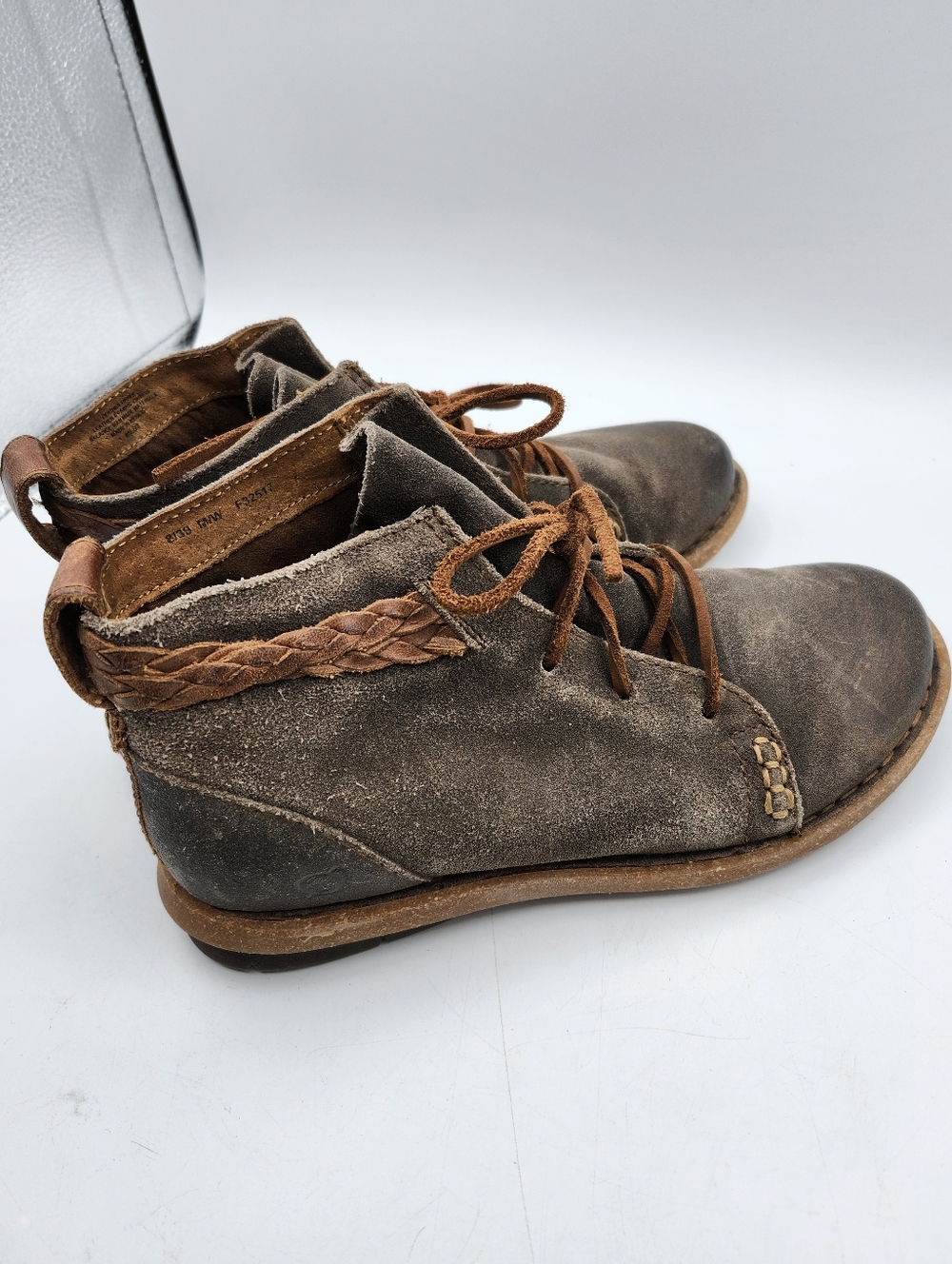Born VTG Inspired Brown Suede Lace-Up Ankle Walking Boots with Braided Trim 8 - Picture 5 of 9